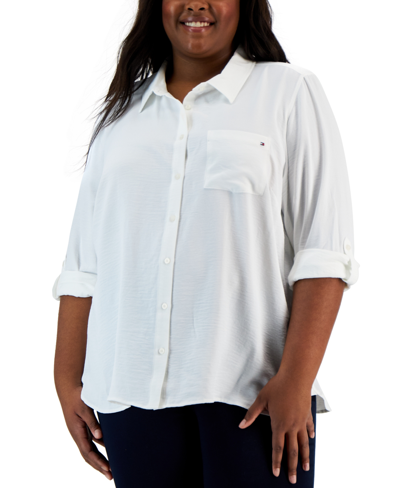 Shop Tommy Hilfiger Plus Size Roll-tab-sleeve Button-down Emblem Shirt In Ivory/cream