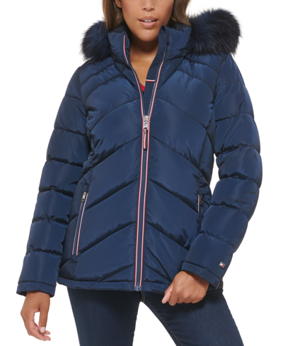 Shop Tommy Hilfiger Women's Faux-fur-trim Hooded Puffer Coat In Blue