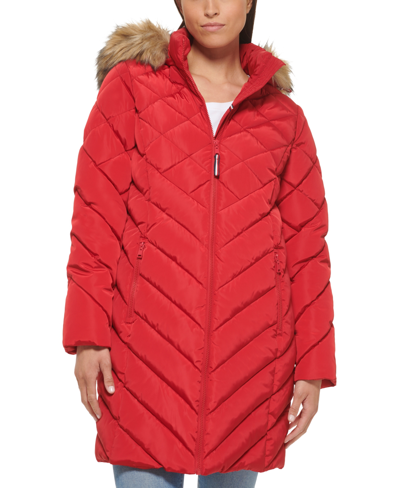 Shop Tommy Hilfiger Women's Faux-fur-trim Hooded Puffer Coat In Red