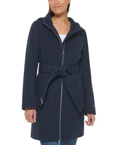 Shop Tommy Hilfiger Women's Belted Hooded Coat In Blue