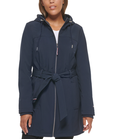 Shop Tommy Hilfiger Women's Hooded Belted Raincoat In Blue