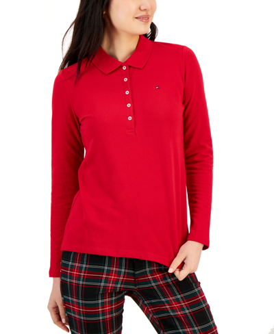 Shop Tommy Hilfiger Women's Logo Long-sleeve Polo Shirt In Red