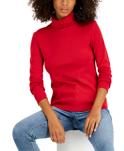 Shop Tommy Hilfiger Women's Long Sleeve Cotton Turtleneck Top In Red