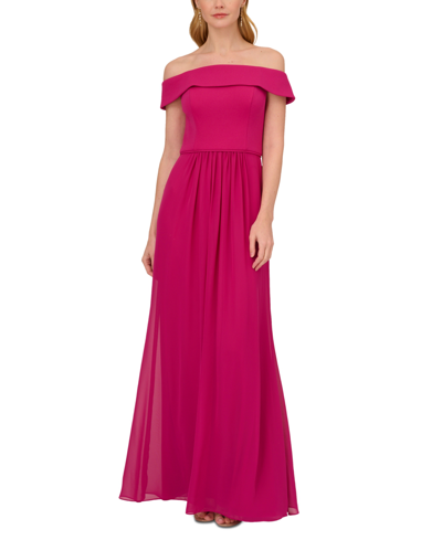 Shop Adrianna Papell Off-the-shoulder Chiffon Gown In Pink