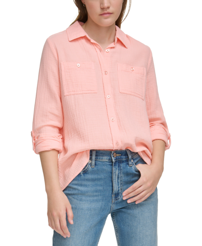 Shop Calvin Klein Jeans Est.1978 Petite Roll-tab Shirt In Pink