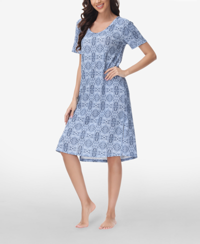 Shop Ink+ivy Women's Printed Short Sleeve Side Slit Sleep Dress High Point Shoulder In Blue