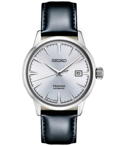 Shop Seiko Men's Automatic Presage Black Leather Strap Watch 40.5mm In White
