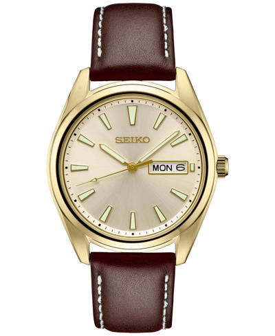 Shop Seiko Men's Essentials Brown Leather Strap Watch 40mm In Tan/beige