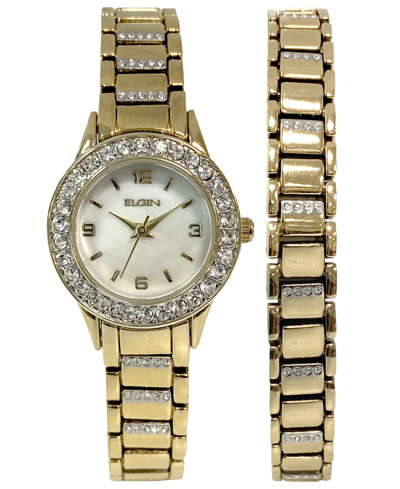 Shop Elgin Women's Ion Plating Logo Etched On Crown Gold-tone Strap Watch And Bracelet Set