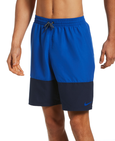 Shop Nike Men's Split Colorblocked 9" Swim Trunks In Blue