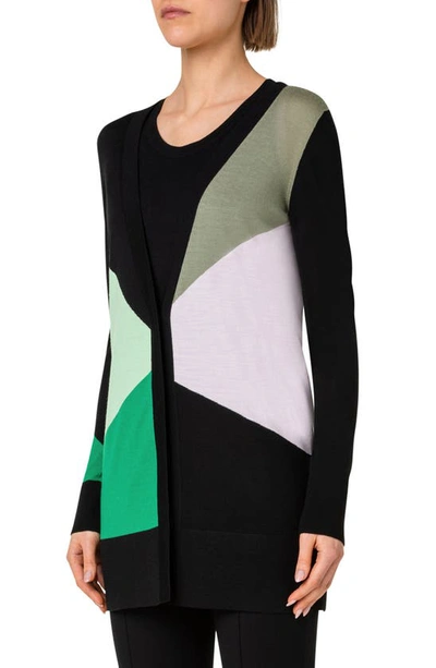 Akris Punto Kaleidoscope Long Knit Cardigan In 956 Black-multicolor