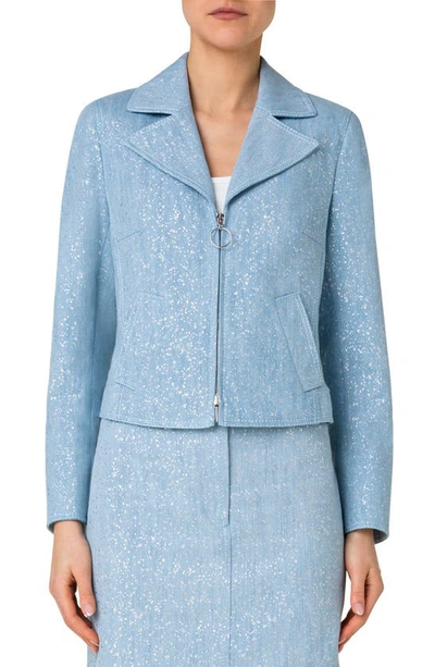 Shop Akris Punto Sparkle Cotton Stretch Denim Zip Jacket In Pale Blue Denim