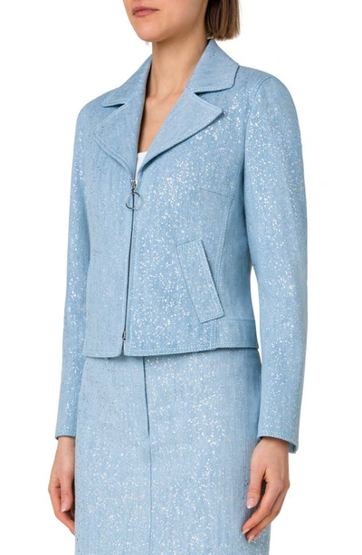 Shop Akris Punto Sparkle Cotton Stretch Denim Zip Jacket In Pale Blue Denim