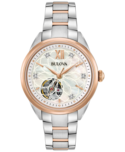 Shop Bulova Women's Automatic Diamond Accent Two-tone Stainless Steel Bracelet Watch 34mm 98p170 In White