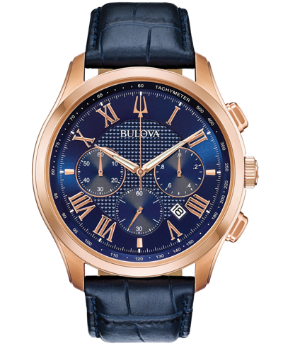 Shop Bulova Men's Chronograph Wilton Blue Leather Strap Watch 46.5mm In White