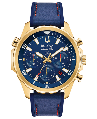 Shop Bulova Men's Chronograph Marine Star Blue Leather & Silicone Strap Watch 43mm In White