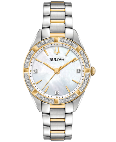 Shop Bulova Women's Sutton Diamond (1/10 Ct. T.w.) Two-tone Stainless Steel Bracelet Watch 32.5mm In White
