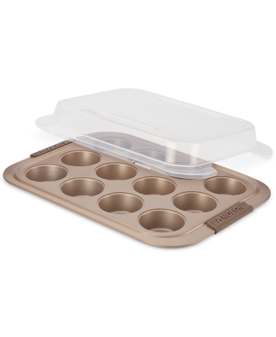 Shop Anolon Advanced 12-cup Covered Muffin Pan In Gold