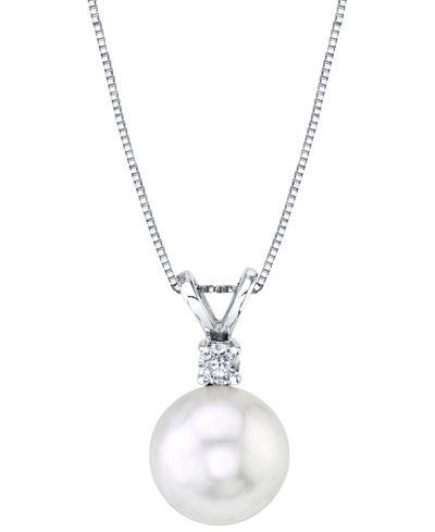Shop Macy's Cultured White South Sea Pearl (9mm) & Diamond (1/10 Ct. T.w.) 18" Pendant Necklace In 14k White Gol