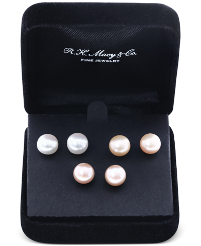 Shop Effy Collection Effy 3-pc. Set Pink, Peach, & White Cultured Freshwater Pearl (9mm) Stud Earrings In Sterling Silver