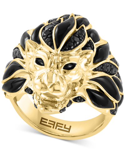 Shop Effy Collection Effy Men's Black Spinel & Enamel Lion Ring In 14k Gold-plated Sterling Silver