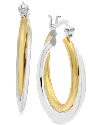 Shop Essentials Small Two-tone Polished Double Small Hoop Earrings's In Gold- And Silver-plate In Yellow