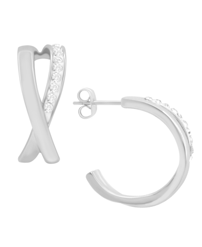 Shop Essentials High Polished Clear Crystal Cross Over C Hoop Earring, Gold Plate And Silver Plate