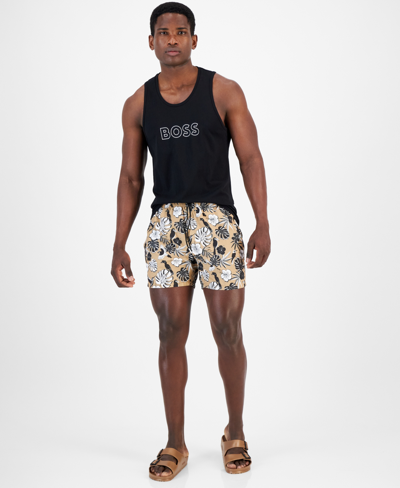 Shop Hugo Boss Men's 5" Piranha Tropical Print Drawstring Swim Trunks In Tan/beige