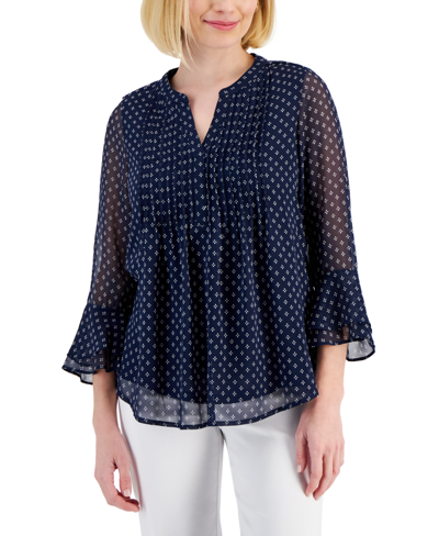 Shop Charter Club Petite Printed Pintuck Top, Created For Macy's In Blue