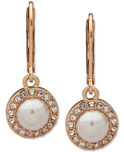 Shop Anne Klein Gold-tone Pave & Imitation Pearl Halo Drop Earrings In Tan/beige
