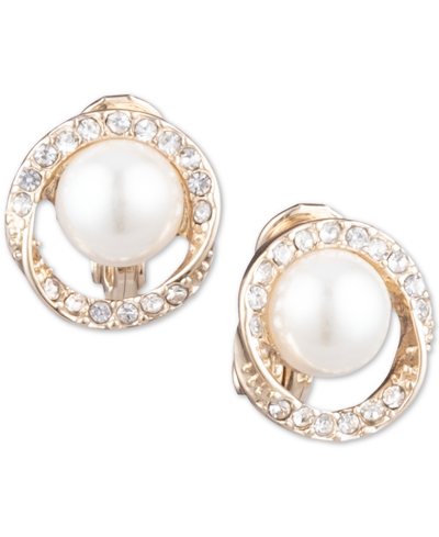 Shop Anne Klein Gold-tone Pave & Imitation Pearl Halo E-z Comfort Clip-on Button Earrings In Tan/beige