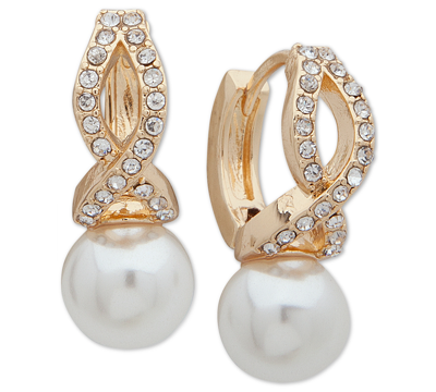 Shop Anne Klein Extra Small Gold-tone Imitation Pearl Huggie Earrings 1/2" In Tan/beige