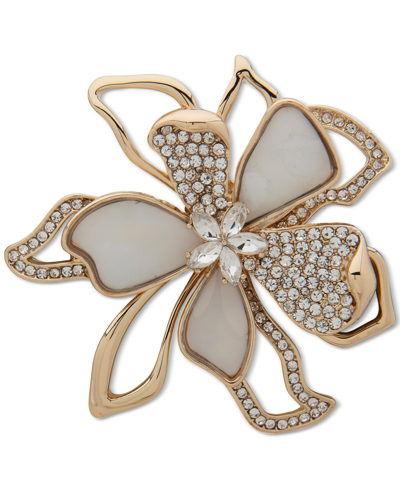 Shop Anne Klein Gold-tone Crystal & Mother-of-pearl Flower Pin In Ivory/cream