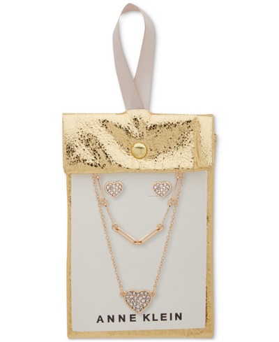 Shop Anne Klein Gold-tone 2-pc. Set Pave Crystal Heart Pendant Necklace & Earrings In Ivory/cream