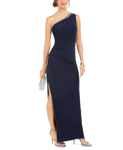 Shop Adrianna Papell One-shoulder Jersey Gown In Blue