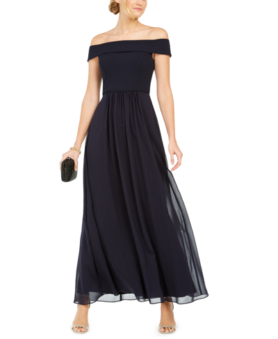 Shop Adrianna Papell Off-the-shoulder Chiffon Gown In Blue
