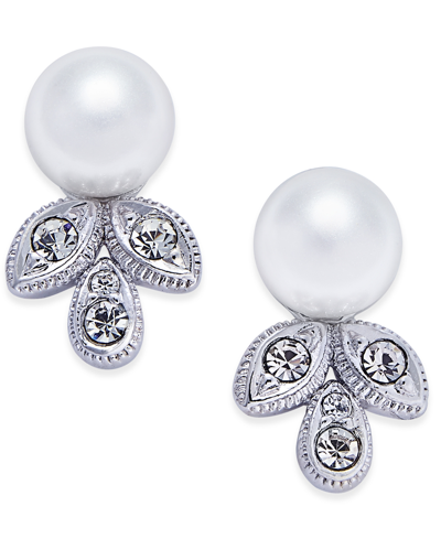 Shop Eliot Danori Silver-tone Imitation Pearl And Crystal Stud Earrings, Created For Macy's