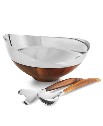 Shop Nambe Pulse 3 Piece Stainless 12" Salad Bowl With Servers In Brown