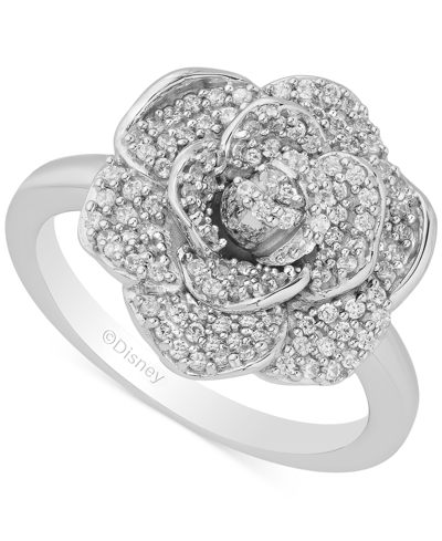Shop Enchanted Disney Fine Jewelry Diamond Cinderella 70th Anniversary Gardenia Flower Ring (1/5 Ct. T.w.) In 14k White Gold In Silver