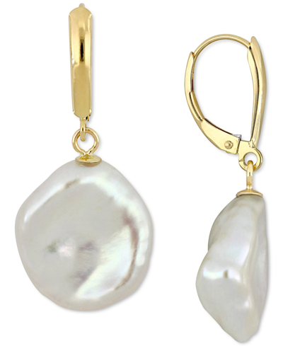 Shop Macy's Cultured Freshwater Coin Pearl (16mm) Leverback Drop Earrings In 14k Gold In White
