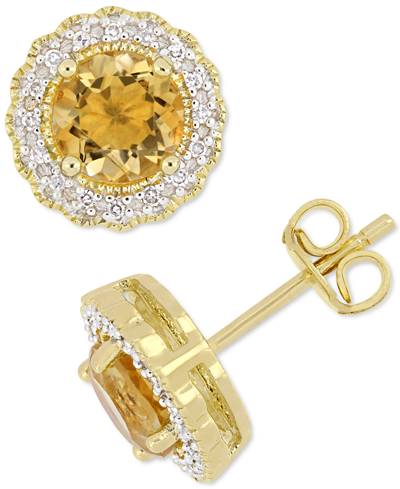 Shop Macy's Citrine (1-1/2 Ct. T.w.) & Diamond (1/10 Ct. T.w.) Halo Stud Earrings In 18k Gold-plated Sterling Si In Orange