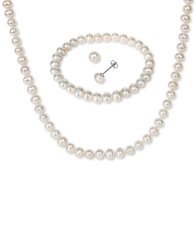 Shop Macy's 3-pc. Set Cultured Freshwater Pearl (6-7mm) Bracelet, Necklace & Stud Earrings In Silver