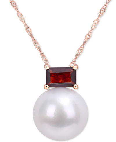 Shop Macy's Cultured Freshwater Pearl (11mm) & Rhodolite Garnet (3/4 Ct. T.w.) 17" Pendant Necklace In 14k Rose  In Red