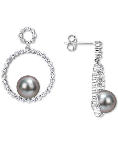 Shop Macy's Black Cultured Tahitian Pearl (8mm) & White Sapphire (1-1/10 Ct. T.w.) Circle Drop Earrings In 10k W In Gray