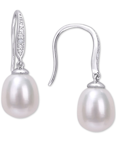 Shop Macy's Cultured Freshwater Pearl (8-1/2mm) & Diamond Accent Drop Earrings In Sterling Silver In White