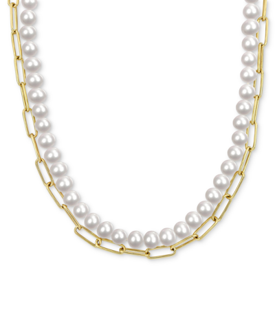 Shop Macy's Cultured Freshwater Pearl (7-7-1/2mm) & Paperclip Link Layered 18" Statement Necklace In 18k Gold-pl