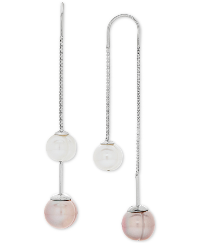 Shop Arabella Gray And White Cultured Freshwater Pearl (8mm) Threader Earrings In Sterling Silver (also Available  In Pink