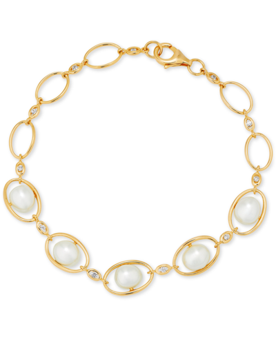Shop Macy's Cultured Freshwater Pearl (7-7-1/2mm) & White Topaz (1/5 Ct. T.w.) Oval Link Bracelet In 14k Gold-pl