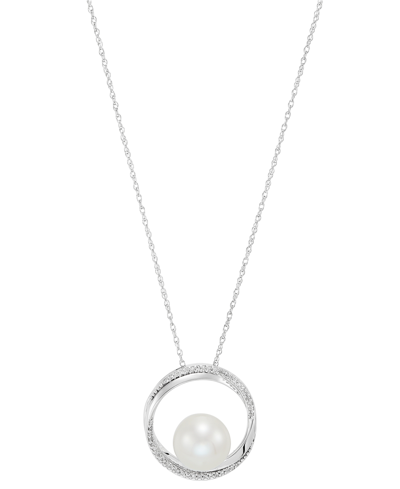 Shop Honora Cultured Freshwater Pearl (9mm) & Diamond (1/10 Ct. T.w.) Circle 18" Pendant Necklace In 14k White G In Gold