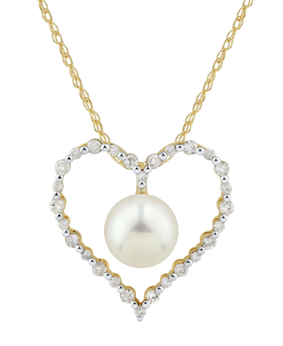 Shop Honora Cultured Freshwater Pearl (8mm) & Diamond (3/8 Ct. T.w.) Heart 18" Pendant Necklace In 14k Gold (als